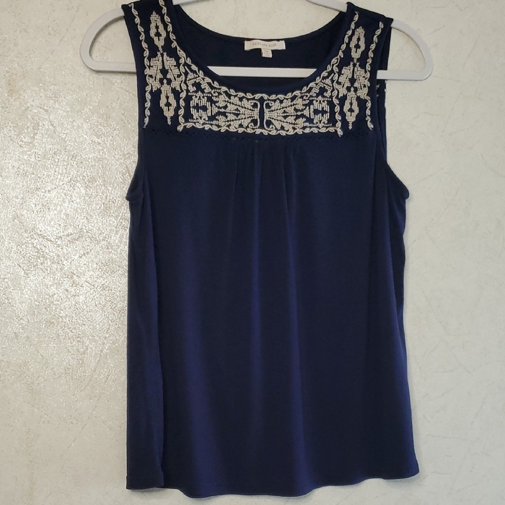 Skies Are Blue Navy Blue Embroidered Women's Top